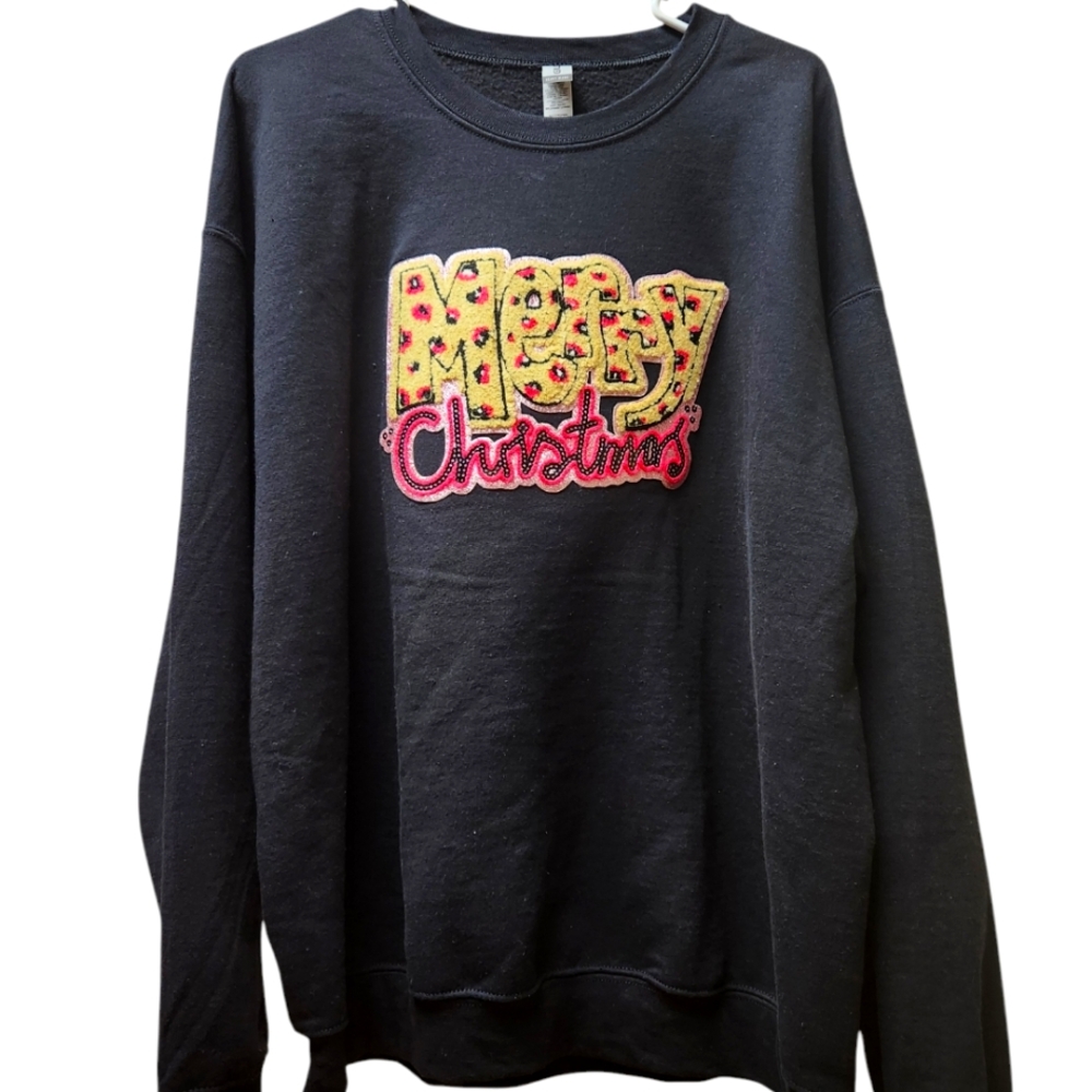 Black sweatshirt with chenile merry Christmas